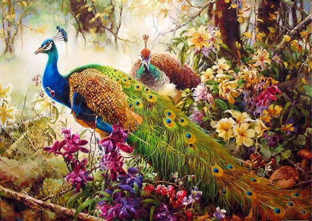 павлины - картина, фауна, животные, природа, птицы.павлин.цветы - оригинал