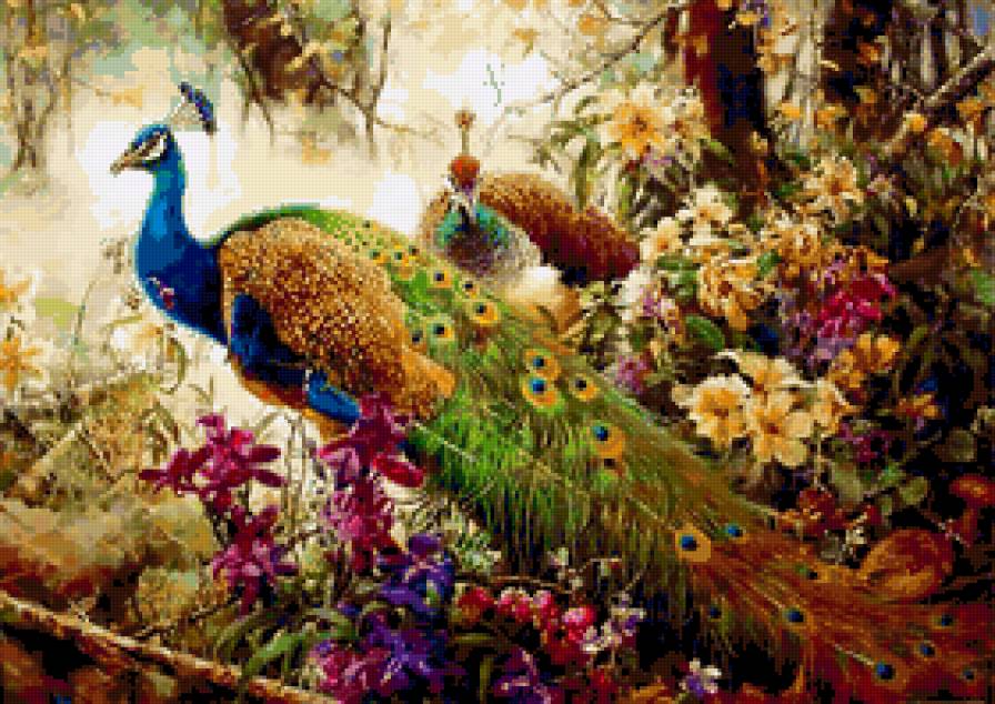 павлины - птицы.павлин.цветы, картина, природа, животные, фауна - предпросмотр