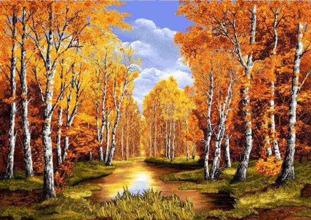 осень - природа, вода, золотая осень, лес, картина - оригинал