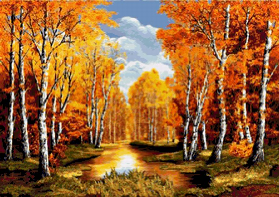 осень - лес, природа, золотая осень, вода, картина - предпросмотр