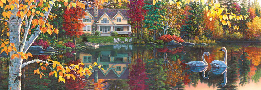 №229915 - дом, пейзаж, осень, река, картина, лебеди - оригинал
