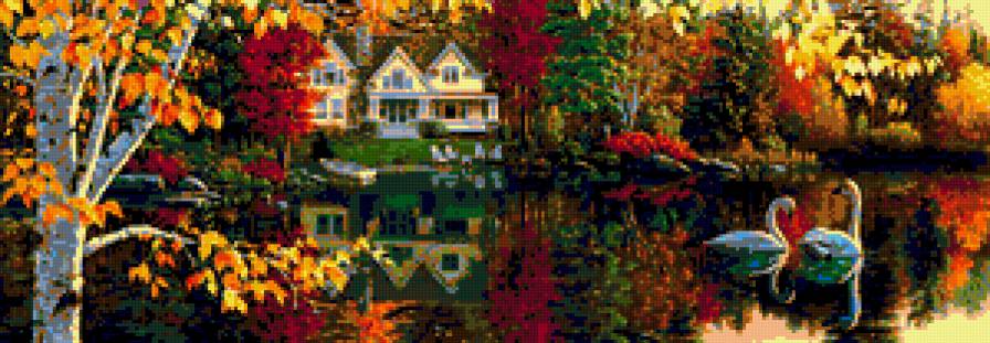 №229915 - лебеди, река, осень, картина, пейзаж, дом - предпросмотр