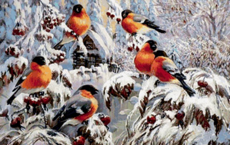 Птичий хор на ветке - снигери, снег, сказка, зима, новый год, домик, птица - предпросмотр