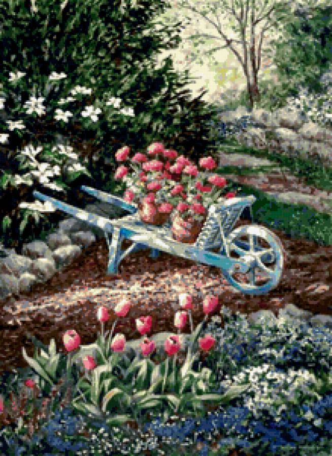 Весенний сад - сад, цветы, тележка - предпросмотр