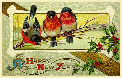 С Новым Годом! - птицы, новый год, зима, ретро-открытка - оригинал