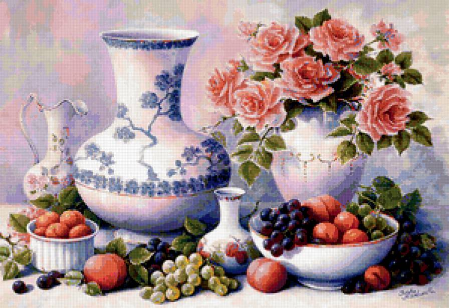 Натюрморт - натюрморт, ваза, цветы, фрукты - предпросмотр