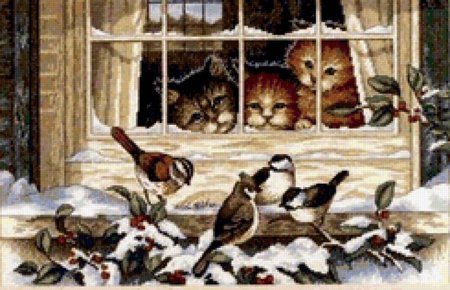 дружные соседи - кошки, зима, окно, птички, времена года - предпросмотр
