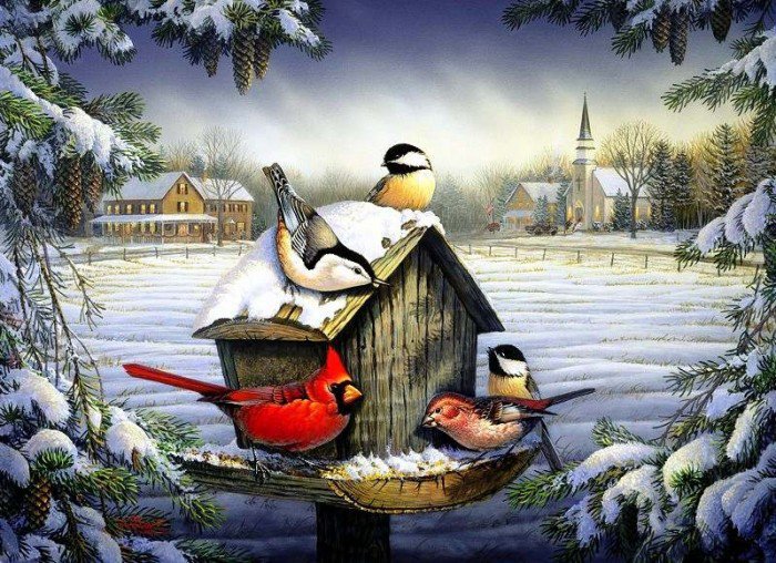 птички-соседки - времена года, зима, птички, домик, пейзаж - оригинал