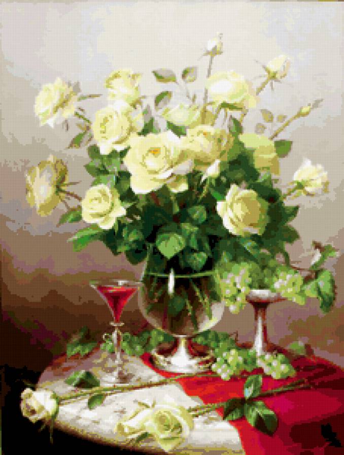 натюрморт с белыми розами - фрукты, розы, натюрморт, цветы, картина - предпросмотр