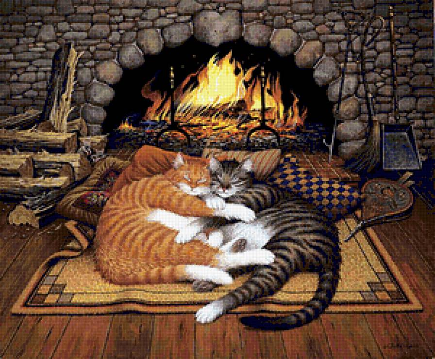 у камина - котята, коты, огонь, интерьер - предпросмотр