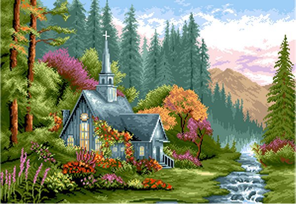 дом с часовней у ручья - природа, пейзаж - оригинал