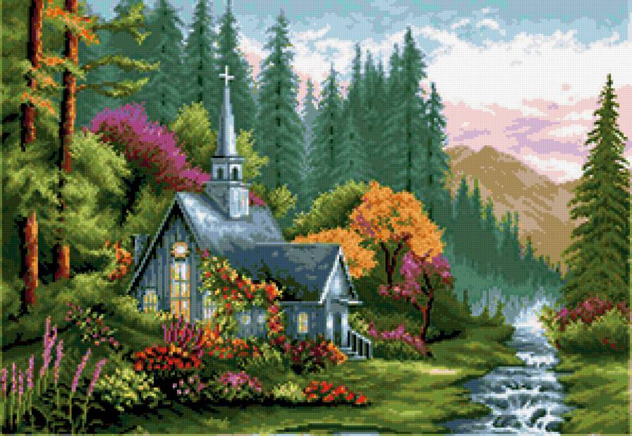 дом с часовней у ручья - пейзаж, природа - предпросмотр