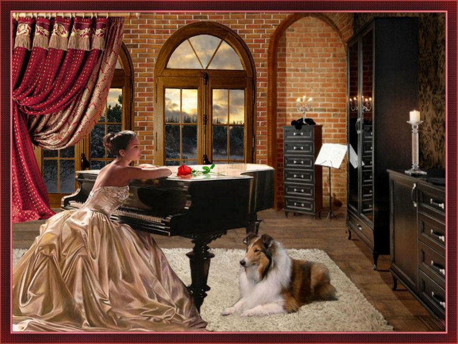В ОЖИДАНИИ - романтический вечер, собака, роза, гостинная, муза, тоска, роял - оригинал