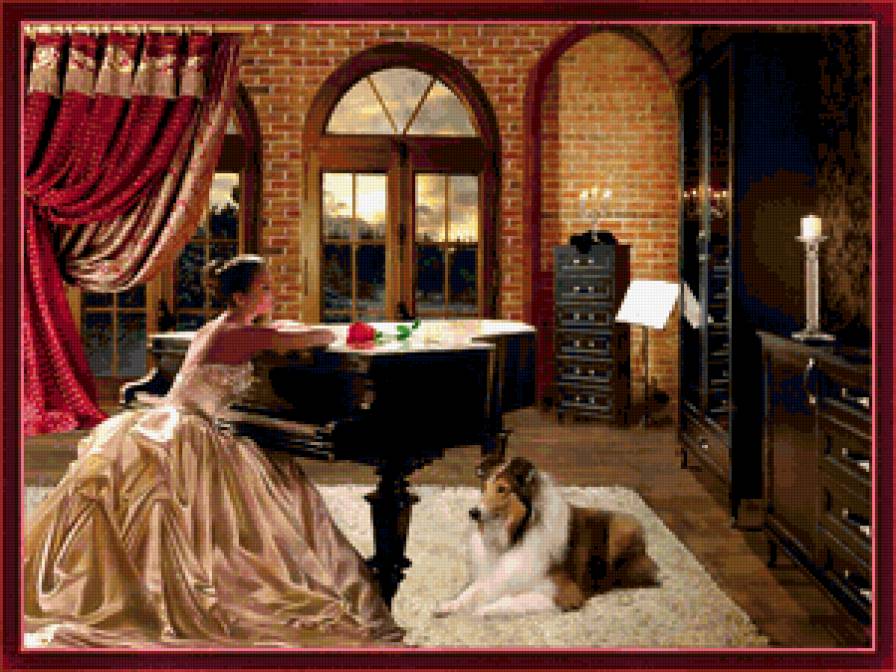В ОЖИДАНИИ - роза, гостинная, романтический вечер, муза, роял, собака, тоска - предпросмотр