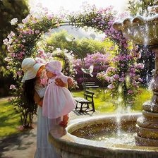 девушка с ребенком у фонтана