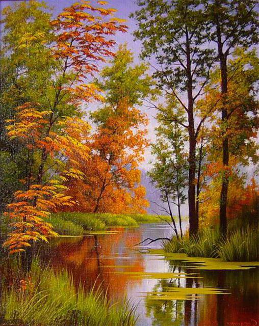 осень - парк, река, природа, картина, пейзаж, лес, живопись.осень.вода - оригинал