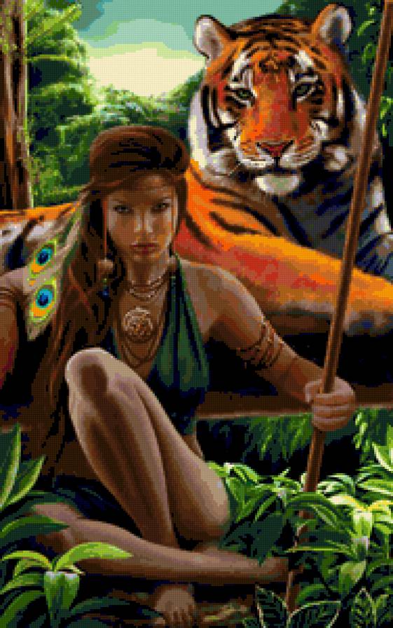 №234460 - тигр, девушка, природа, картина - предпросмотр