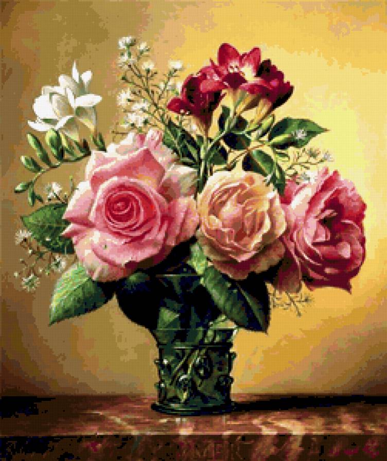 Натюрморт с розами - цветы, розы, натюрморт, букет - предпросмотр