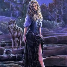 Оригинал схемы вышивки «девушка и волк» (№234894)