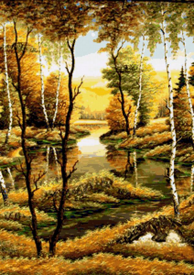 Осенняя картина - осень, лес, пейзаж, осенняя картина, река, березки - предпросмотр