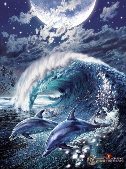 дельфины - ночь, море, пейзаж, картина, дельфин, океан - оригинал