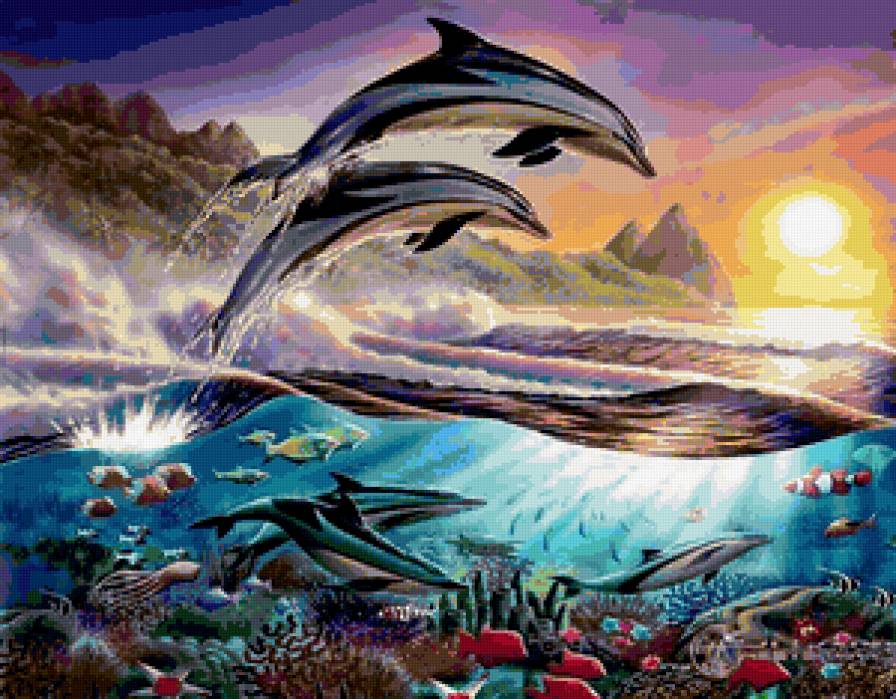 дельфины - море, океан, рыбы, картина, пейзаж, дельфин - предпросмотр