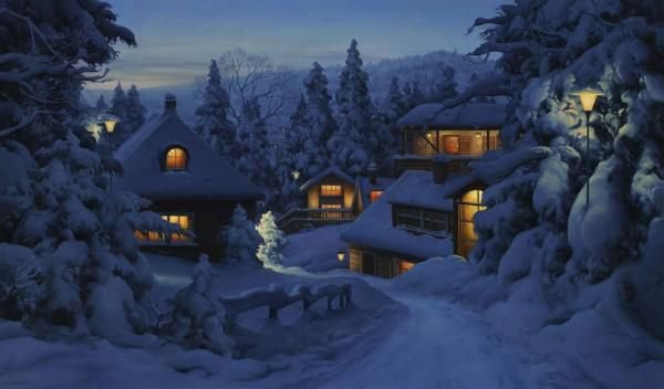 БЕЛЫЕ НОЧИ - дома, ночь, хвойный лес, снег, фонарь, северные сияние, зима - оригинал