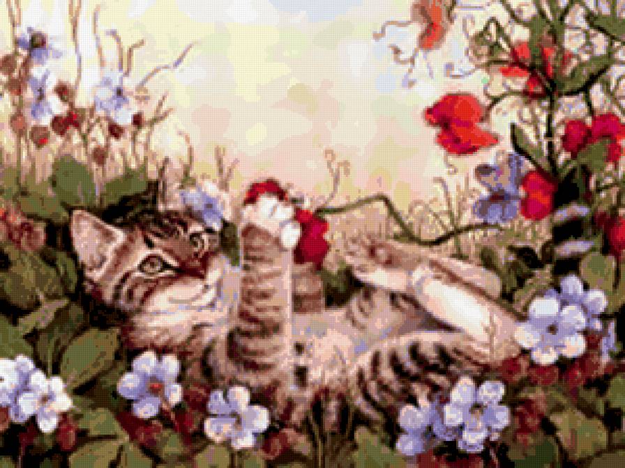 кошка в цветах - кошка, лето, цветы, котенок, игра - предпросмотр