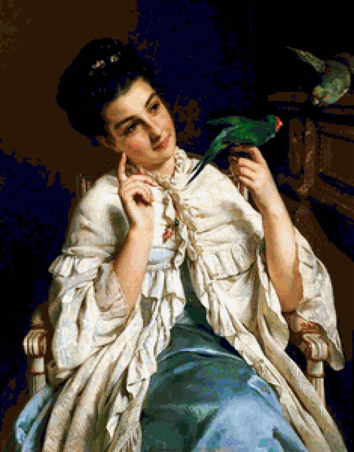 №237226 - попугаи, женщина, птицы, картина, живопись - предпросмотр