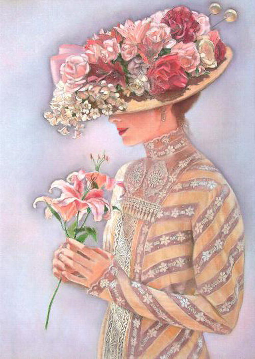 4. Серия "Викторианский стиль" Сью  Холстенбёрг - лилия, шляпа, цветы, женщина - оригинал