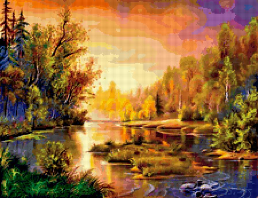 №238139 - река, картина, сказка, лес, природа, осень - предпросмотр