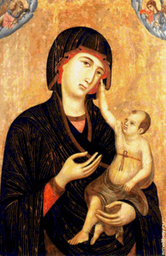 Дуччо ди Буонинсенья.Мадонна с младенцем и двумя ангелами. - люди, мадонна, девушка, женщина, святые, икона., портрет - предпросмотр