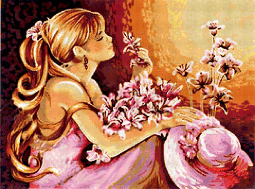 розовые мечты - девушка, цветы, фрукты - предпросмотр