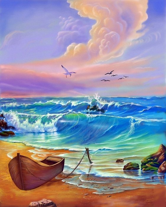 море - море, природа, закат, лодка, берег - оригинал