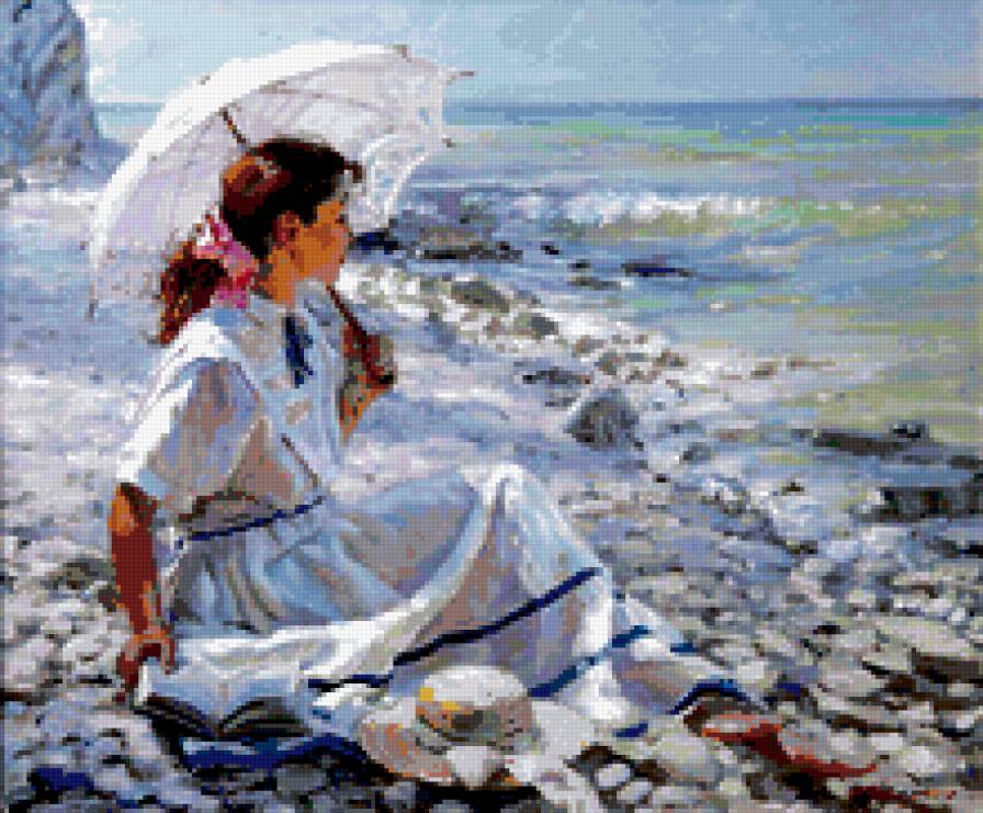Летнее настроение. Александр Аверин - художник, девушка, люди, шляпа, море, книга, волна, зонтик - предпросмотр