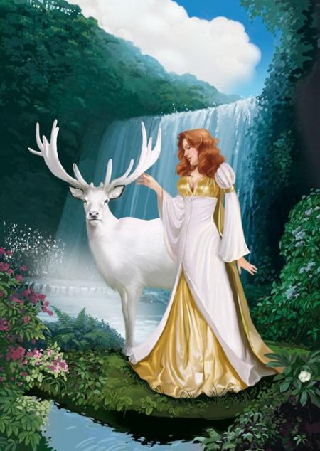 Иллюстрации Татьяны Дорониной - животные, девушка, олень, водопад - оригинал