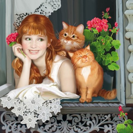 Девушка с котами. - девушка, портрет, коты - оригинал