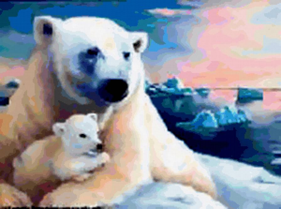 Медвежья семья - медведи, море, животные, пейзаж, снег - предпросмотр