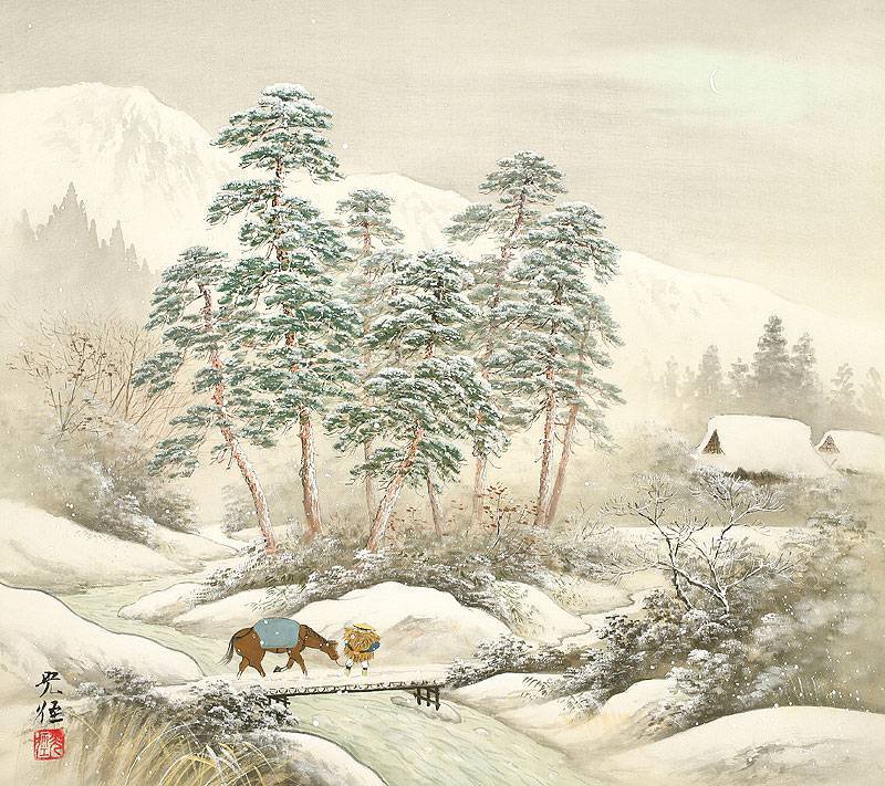 Зима в поднебесной - люди, пейзаж, мост, животные, зима, домик, горы - оригинал