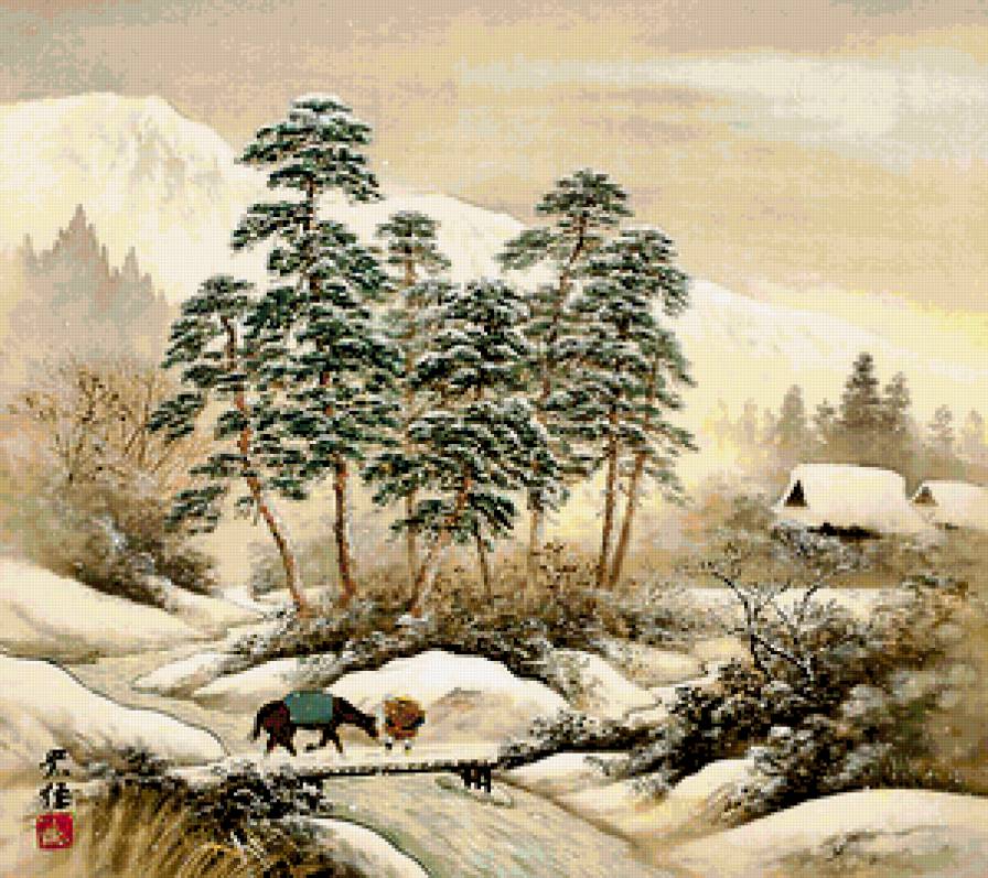 Зима в поднебесной - зима, животные, домик, люди, мост, пейзаж, горы - предпросмотр