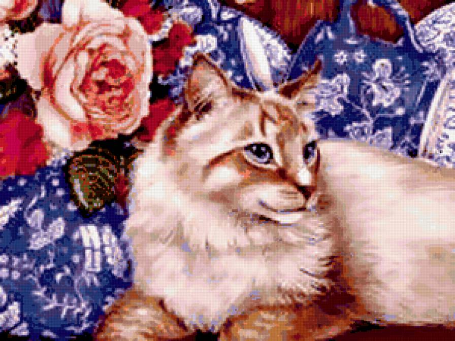 кошка в цветах - кошки, портрет, цветы, подушка - предпросмотр