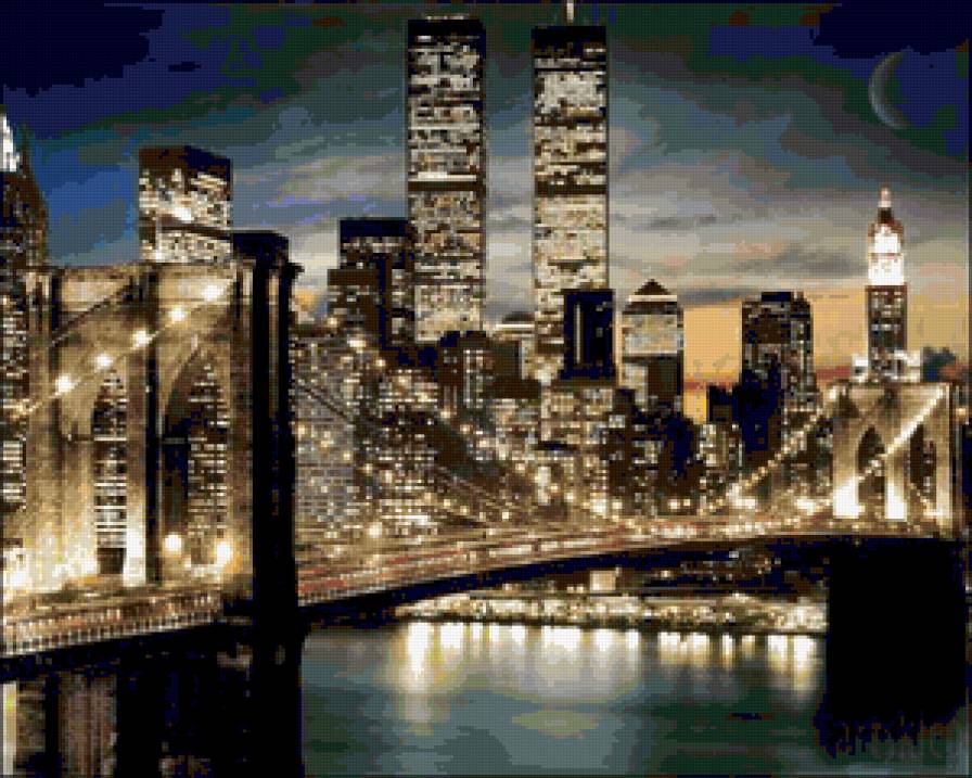 Ночной Манхэттен - вода, мост, закат, города мира, город, пейзаж - предпросмотр