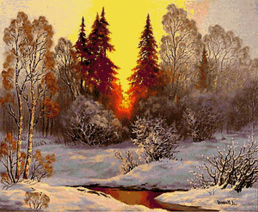 зима - картина, живопись, времена года, лес, зима, природа, пейзаж - предпросмотр