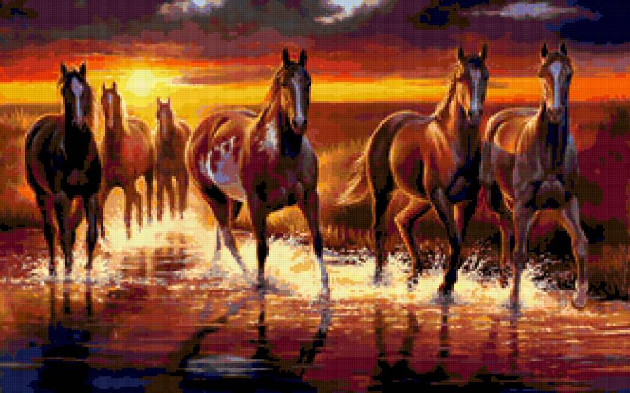 Ночной бег - кони, живопись, животные, лошади, лошадка, лошадь, жеребец, конь - предпросмотр