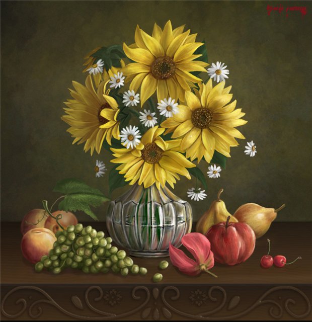 букет подсолнухов - картина натюрморт цветы подсолнухи ваза фрукты - оригинал