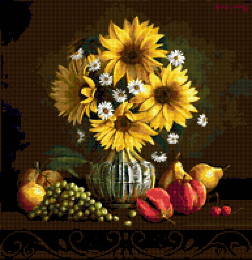 букет подсолнухов - картина натюрморт цветы подсолнухи ваза фрукты - предпросмотр