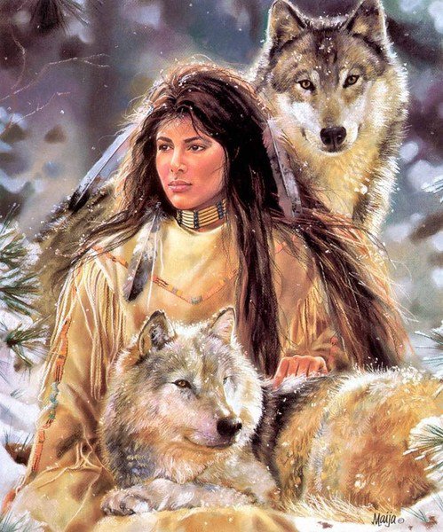 ИНДЕЙСКИЕ МОТИВЫ - волк, индианка, индейцы, картина, хищник, древные народы - оригинал
