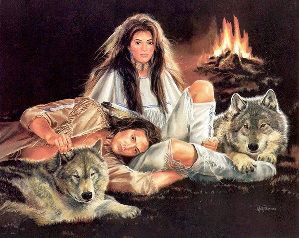 ИНДЕЙСКИЕ МОТИВЫ - хищник, ночь, волк, индейцы, у костра, древные народы - оригинал
