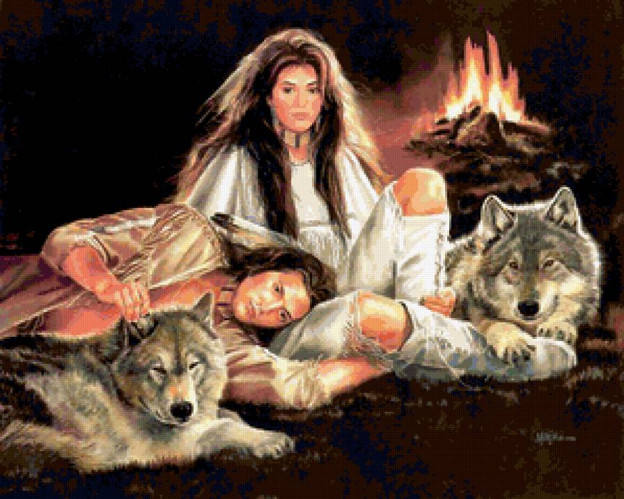 ИНДЕЙСКИЕ МОТИВЫ - у костра, хищник, индейцы, волк, ночь, древные народы - предпросмотр