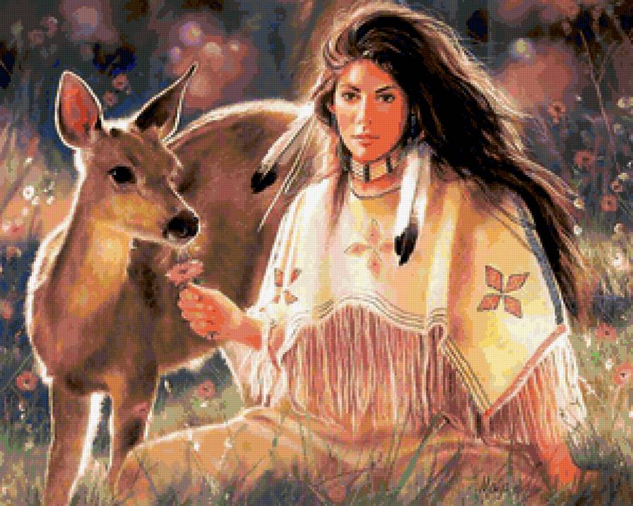 ИНДЕЙСКИЕ МОТИВЫ - индианка, олень, индейцы, картина, древные народы - предпросмотр